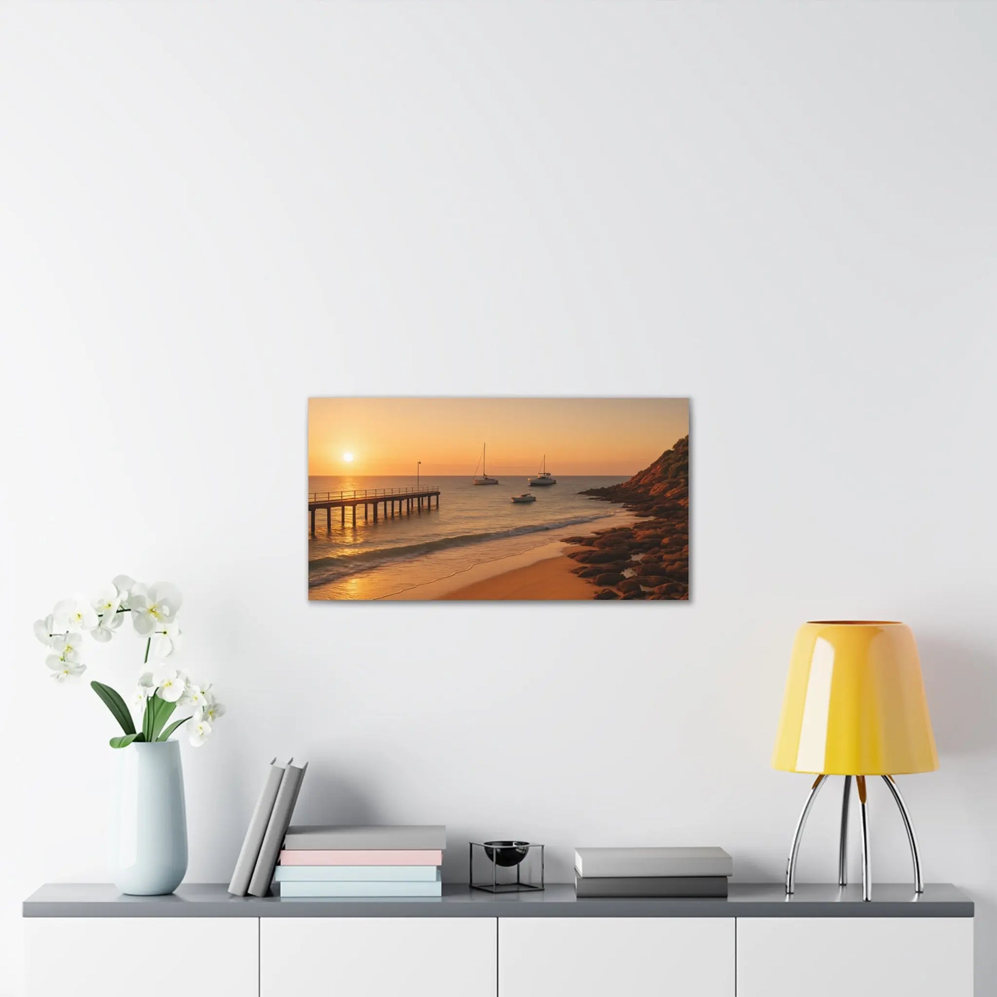 “Golden Drift” – Sunset Beach Canvas Art with Boats & Pier View - ThriveMinded & WellHaven Co