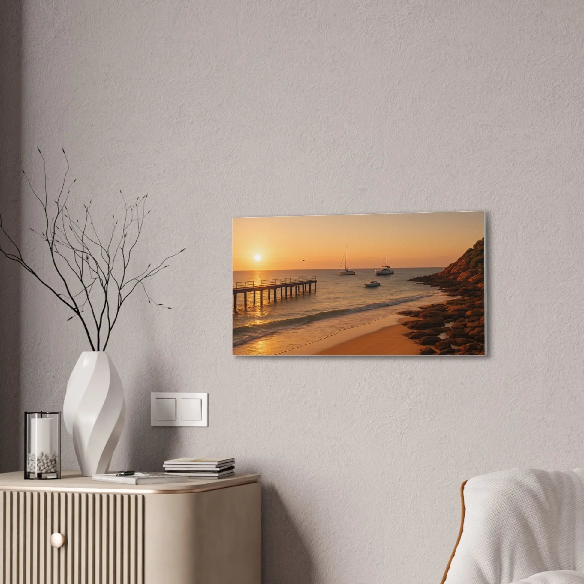 “Golden Drift” – Sunset Beach Canvas Art with Boats & Pier View - ThriveMinded & WellHaven Co