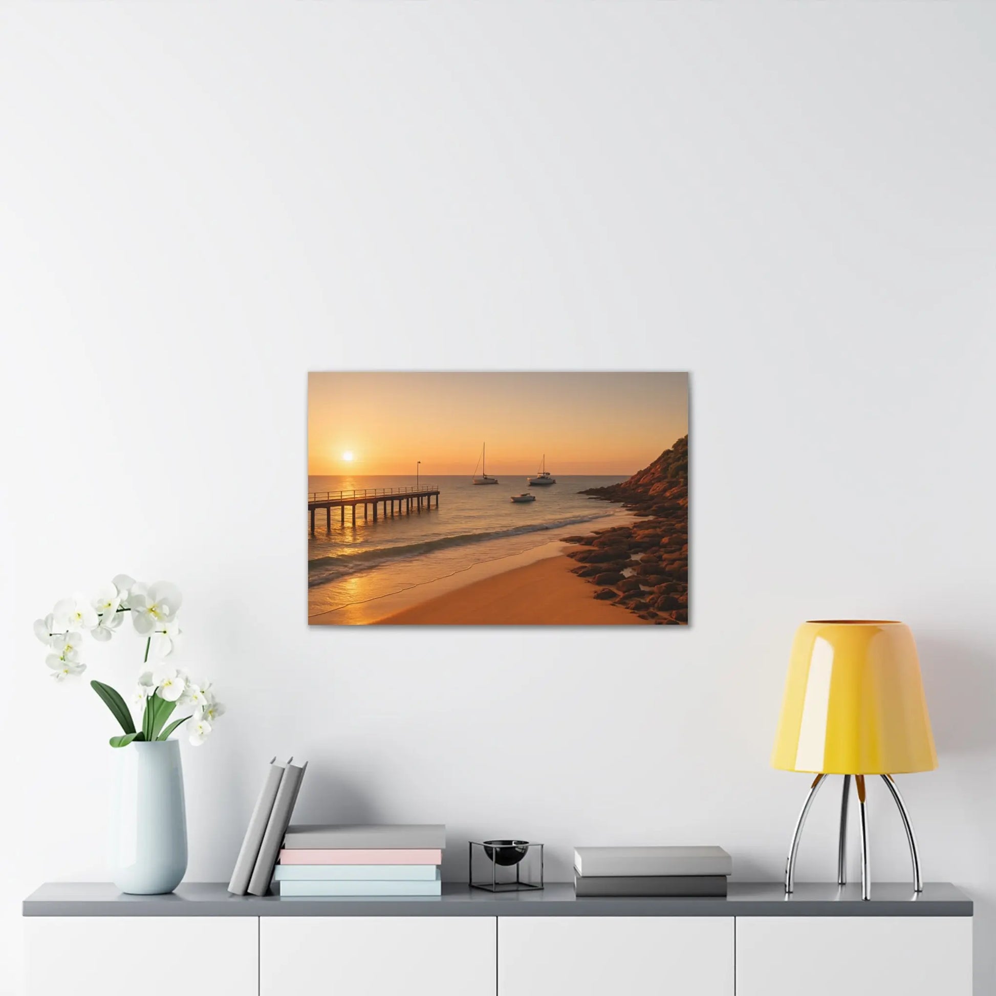 “Golden Drift” – Sunset Beach Canvas Art with Boats & Pier View - ThriveMinded & WellHaven Co