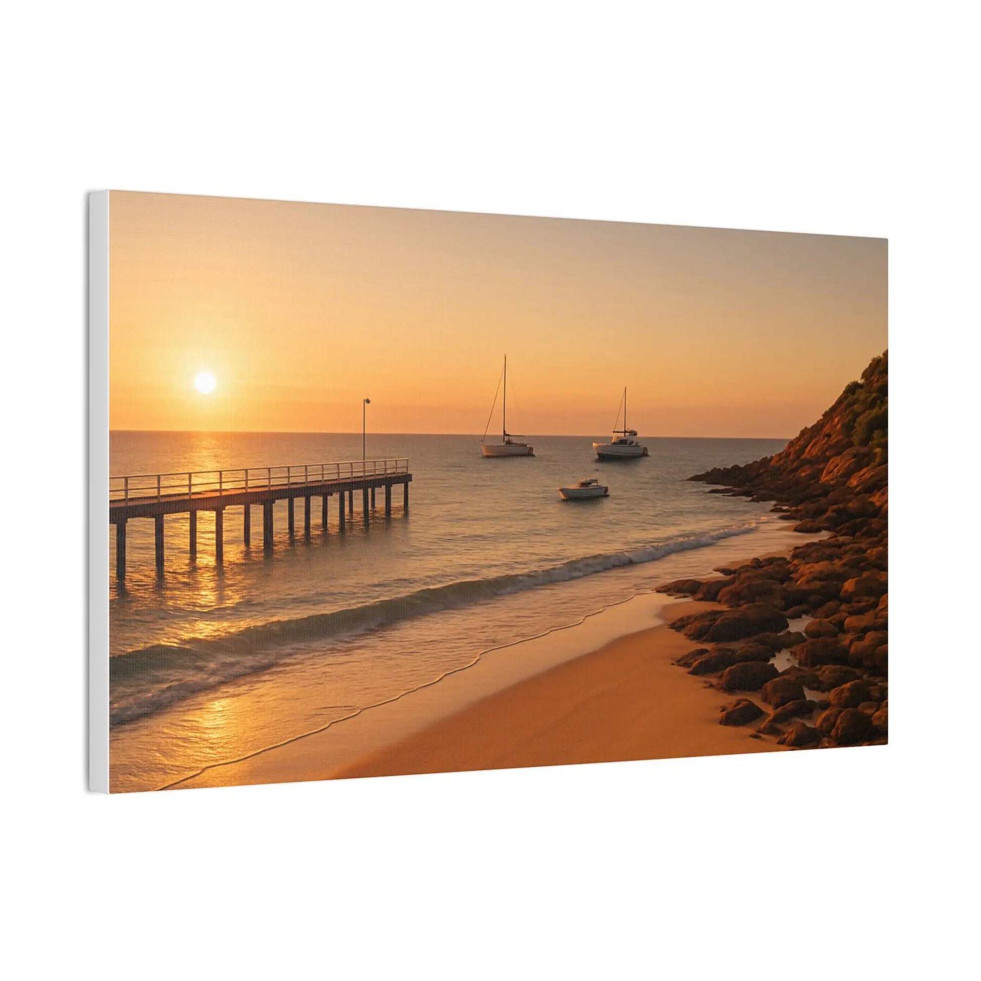 “Golden Drift” – Sunset Beach Canvas Art with Boats & Pier View - ThriveMinded & WellHaven Co