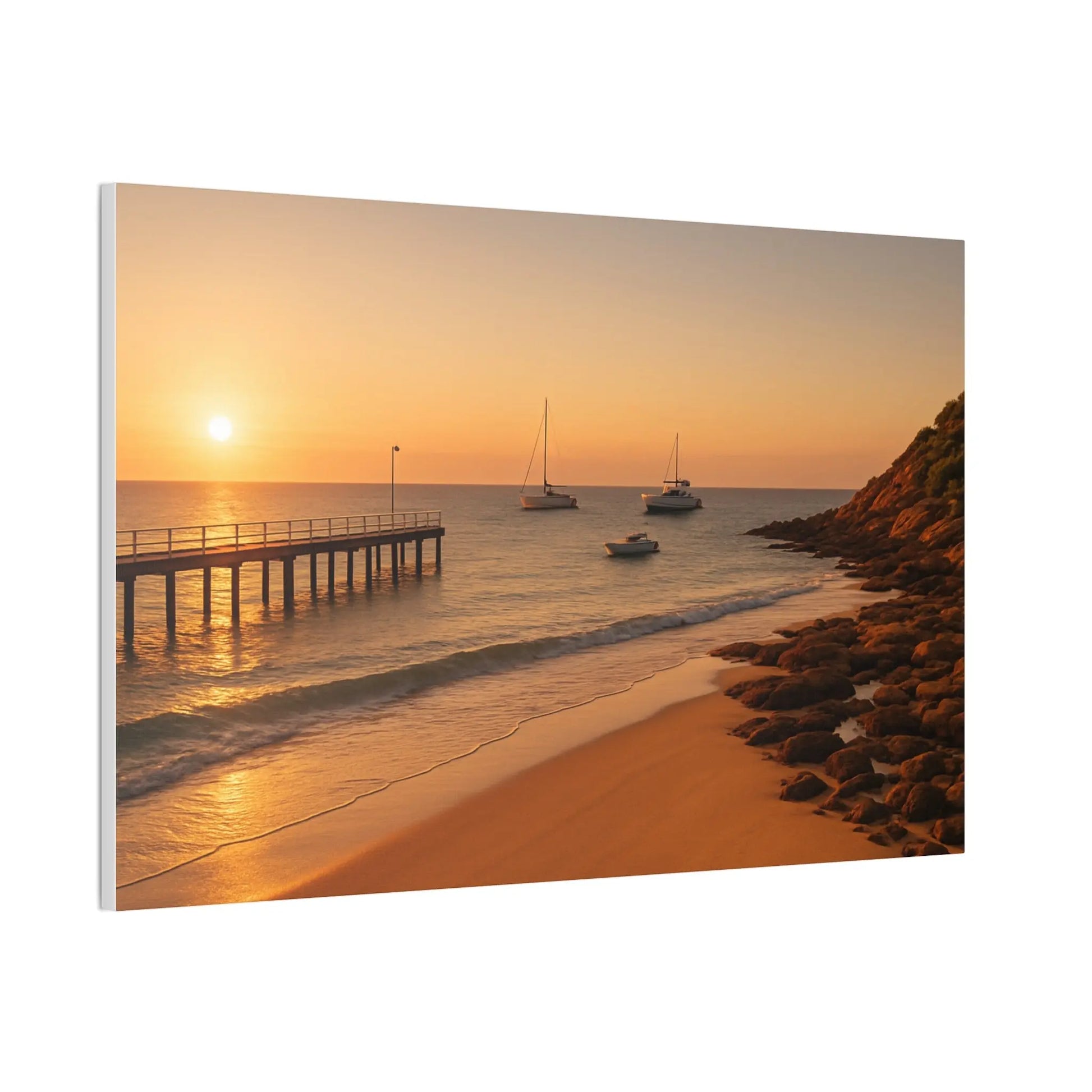 “Golden Drift” – Sunset Beach Canvas Art with Boats & Pier View - ThriveMinded & WellHaven Co