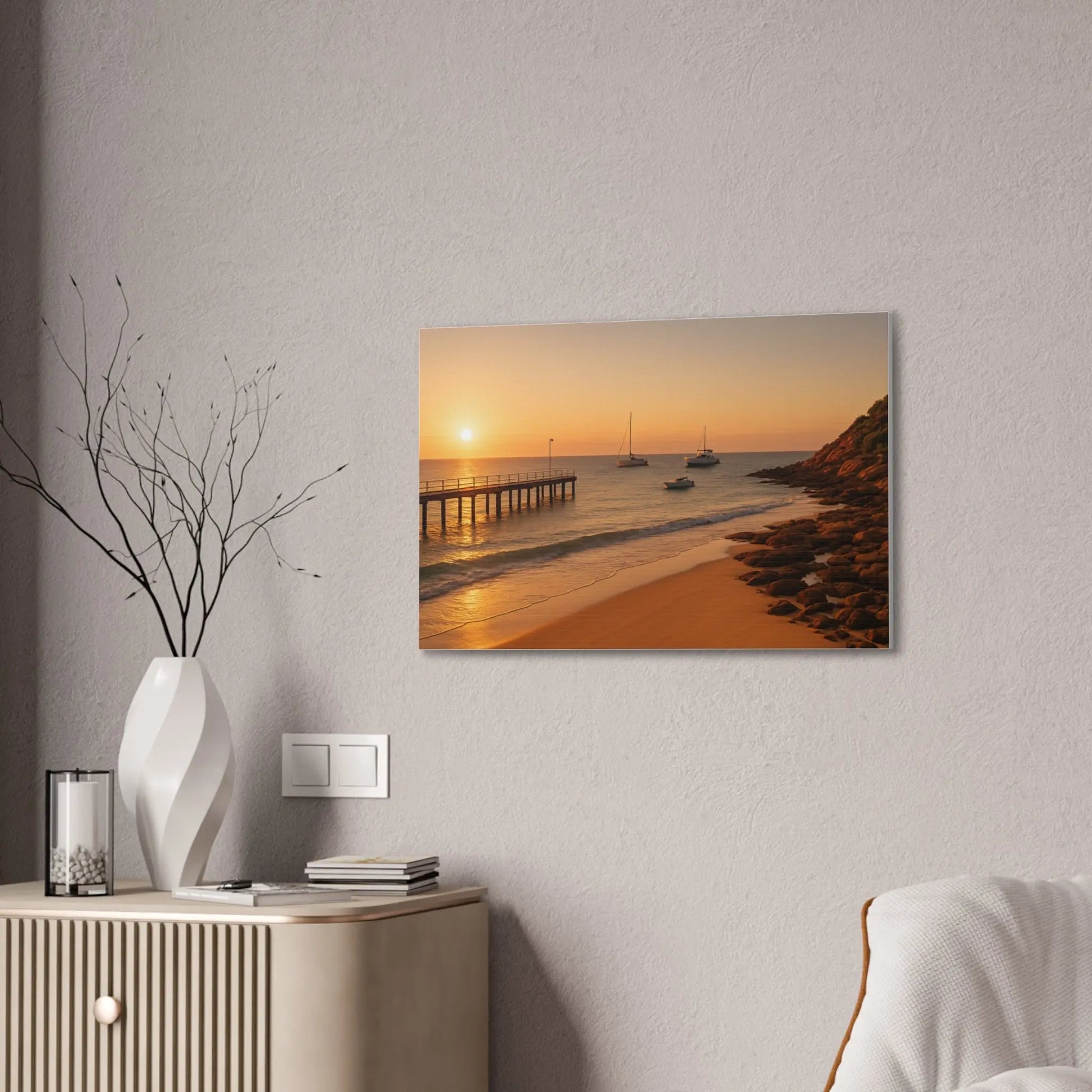“Golden Drift” – Sunset Beach Canvas Art with Boats & Pier View - ThriveMinded & WellHaven Co