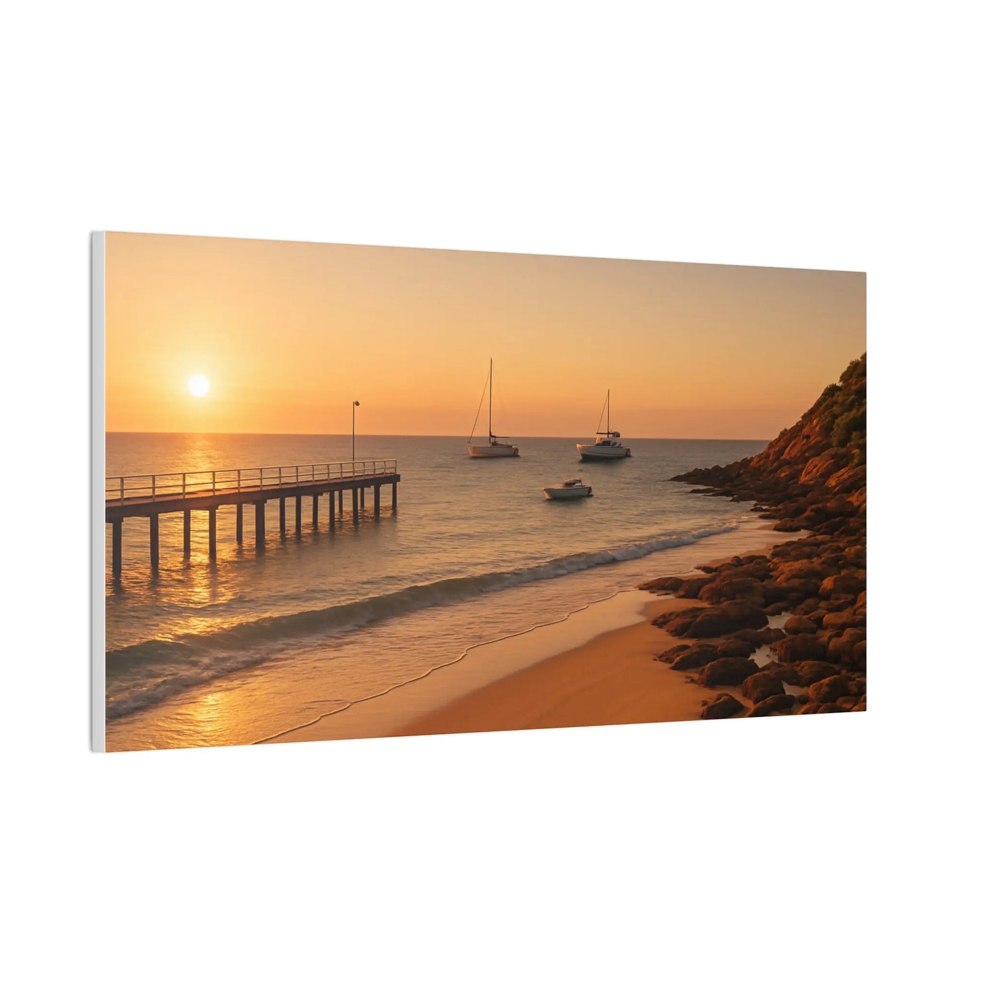 “Golden Drift” – Sunset Beach Canvas Art with Boats & Pier View - ThriveMinded & WellHaven Co
