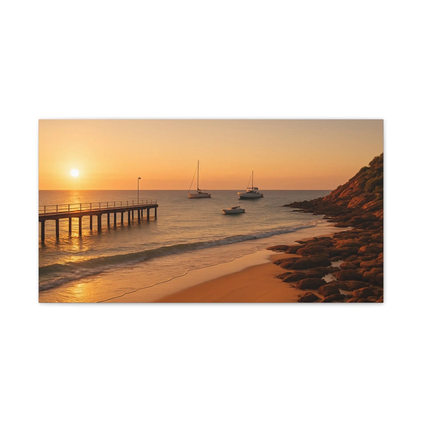 “Golden Drift” – Sunset Beach Canvas Art with Boats & Pier View - ThriveMinded & WellHaven Co