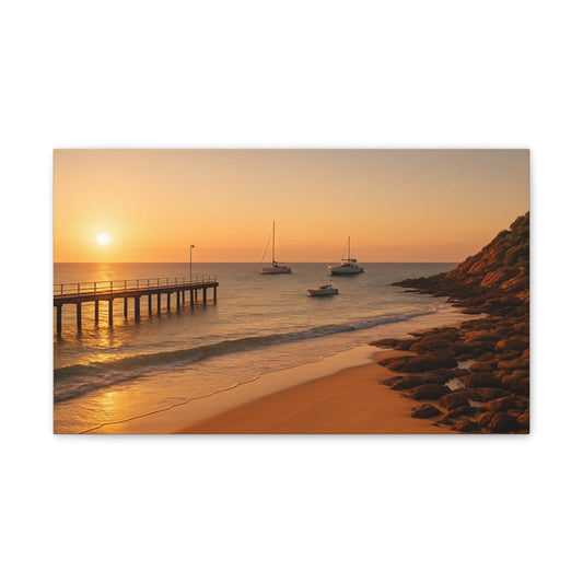“Golden Drift” – Sunset Beach Canvas Art with Boats & Pier View - ThriveMinded & WellHaven Co