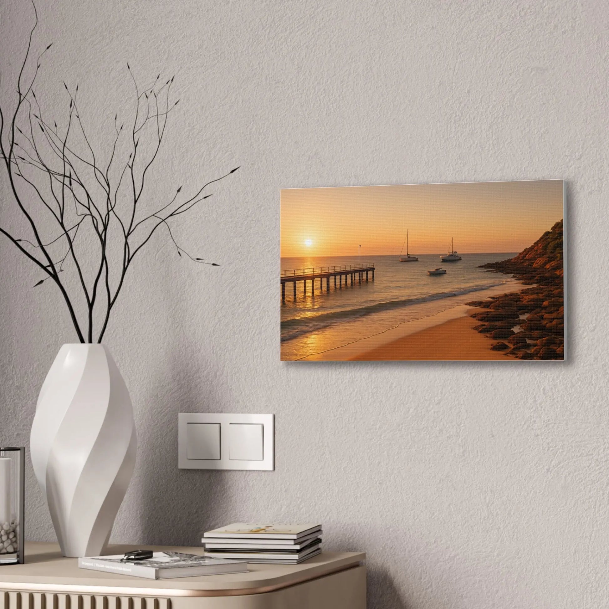 “Golden Drift” – Sunset Beach Canvas Art with Boats & Pier View - ThriveMinded & WellHaven Co