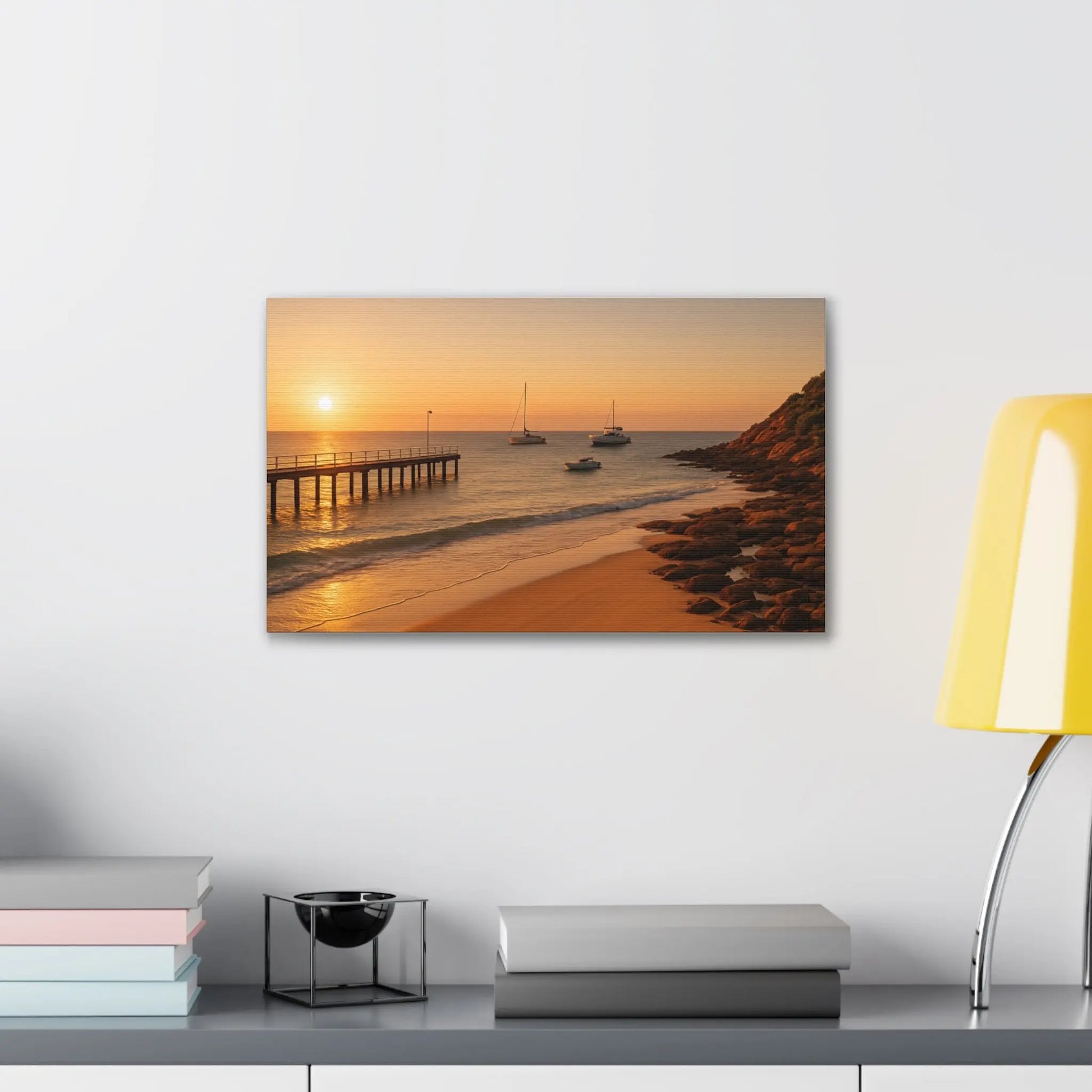 “Golden Drift” – Sunset Beach Canvas Art with Boats & Pier View - ThriveMinded & WellHaven Co