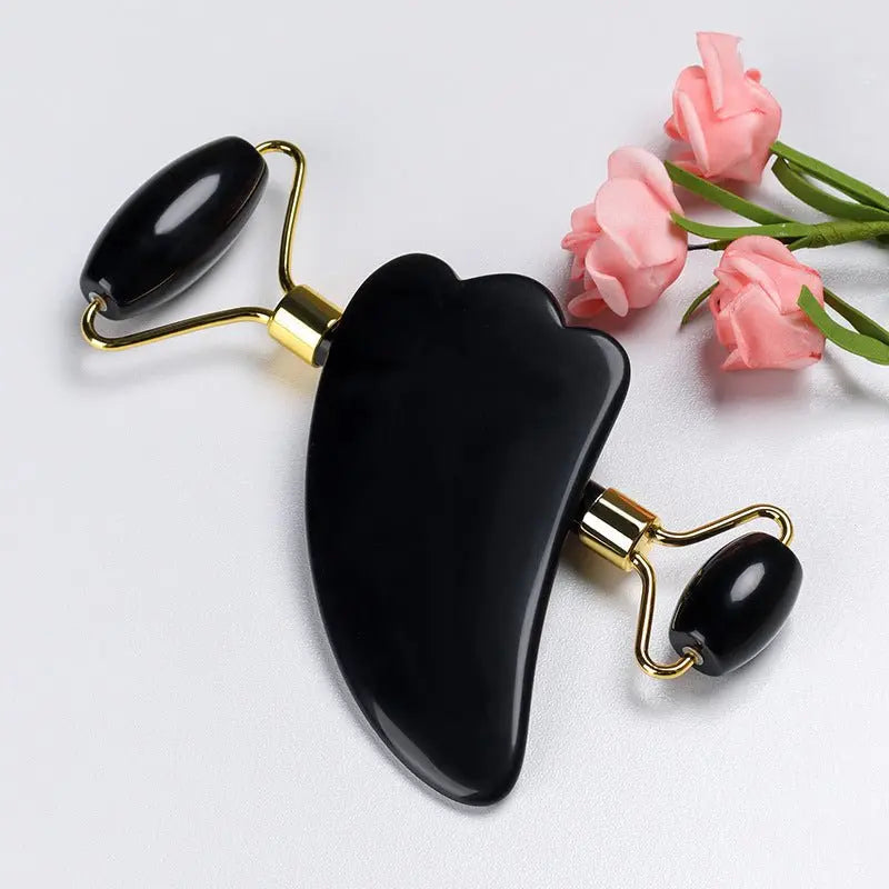 Natural Quartz Scraper Jade Roller Gua Sha Set Black Genuine - ThriveMinded & WellHaven Co
