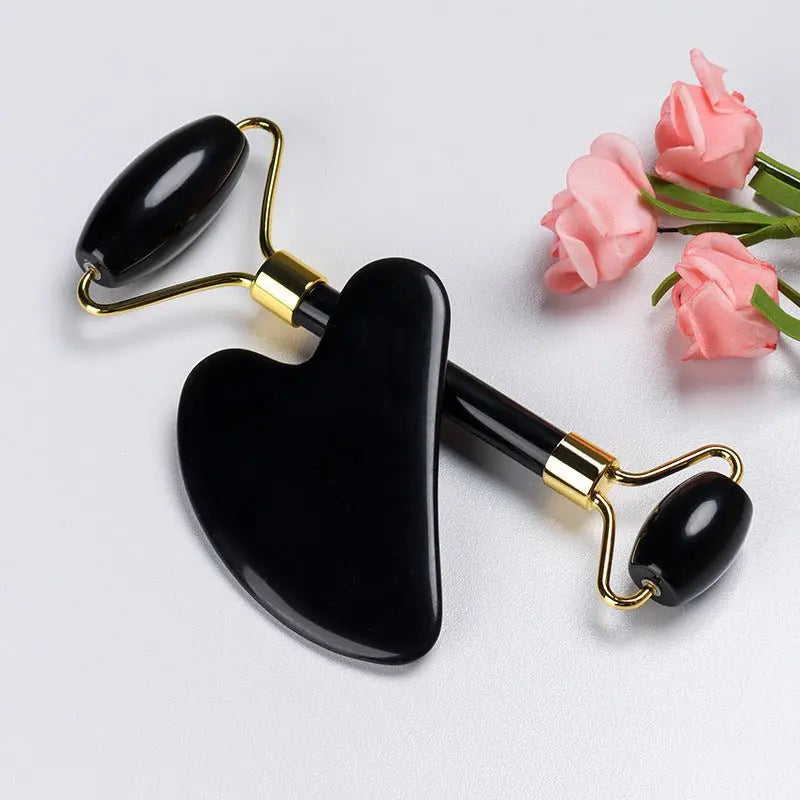 Natural Quartz Scraper Jade Roller Gua Sha Set Black Genuine - ThriveMinded & WellHaven Co