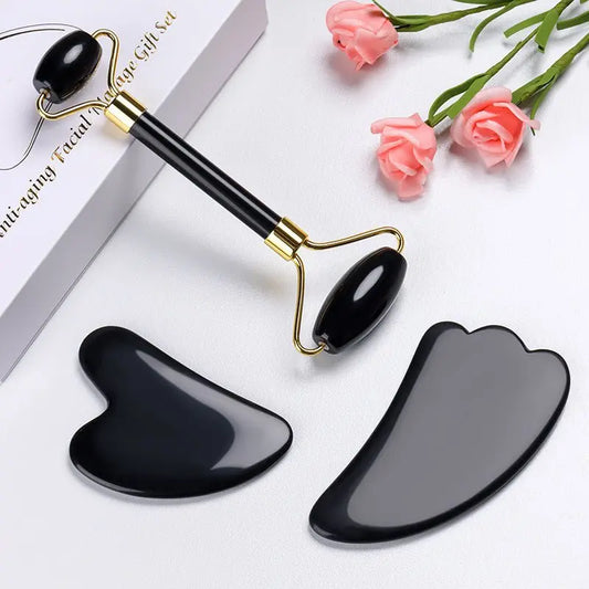 Natural Quartz Scraper Jade Roller Gua Sha Set Black Genuine - ThriveMinded & WellHaven Co