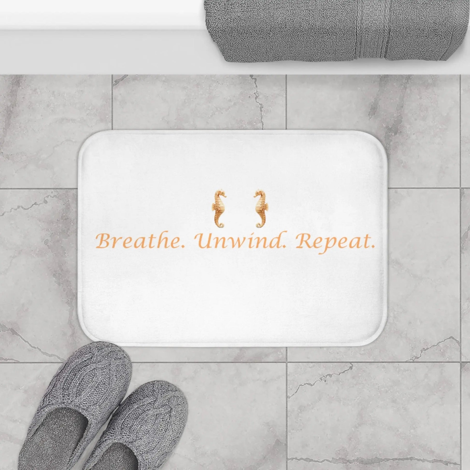 Relaxing Bath Mat with Inspirational Quote - Breathe. Unwind. Repeat. - ThriveMinded & WellHaven Co