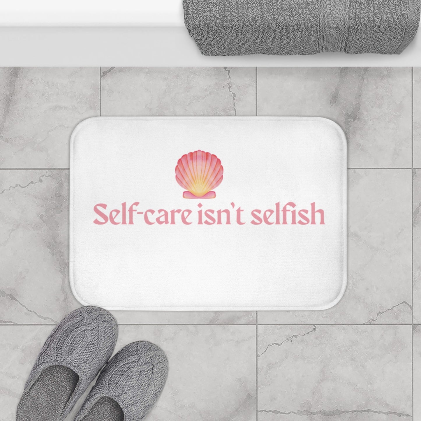 Self - Care Bath Mat – Pink Shell Design, Bathroom Decor, Self - Care Gift, Spa Accessory, Home Wellness - ThriveMinded & WellHaven Co