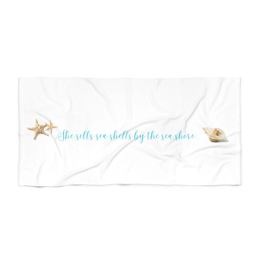 She Sells Sea Shells by the Sea Shore Beach Towel – Soft Cotton Towel with Seashell Print | Coastal Quote Towel for Beach & Travel - ThriveMinded & WellHaven Co