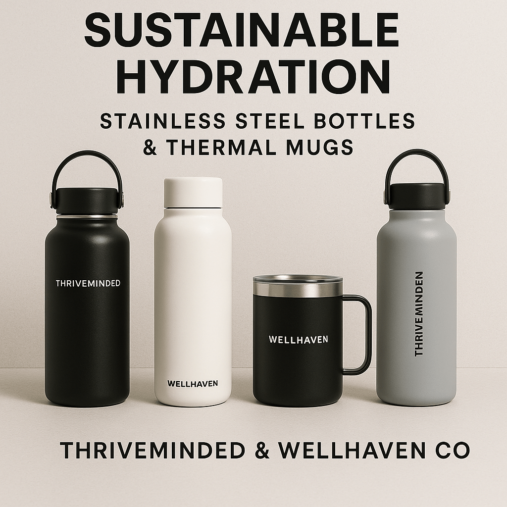 Eco-friendly stainless steel bottles and thermal mugs from ThriveMinded