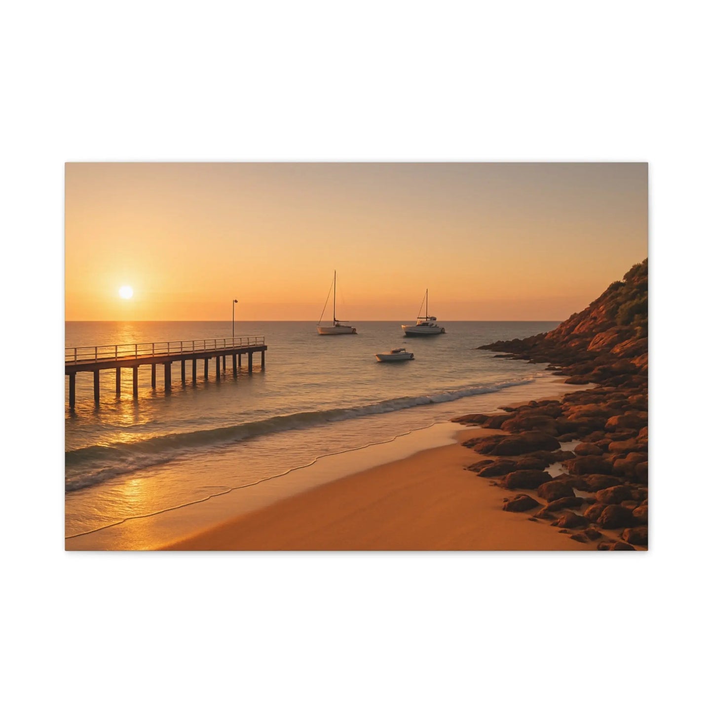 “Golden Drift” – Sunset Beach Canvas Art with Boats & Pier View - ThriveMinded & WellHaven Co