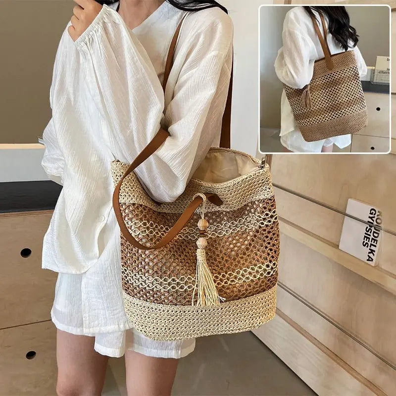 Summer Stripe Straw Shoulder Bags With Tassel Pendant Fashion Large Capacity - ThriveMinded & WellHaven Co