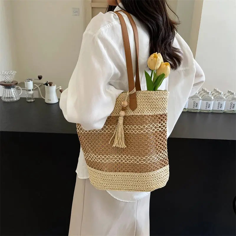 Summer Stripe Straw Shoulder Bags With Tassel Pendant Fashion Large Capacity - ThriveMinded & WellHaven Co