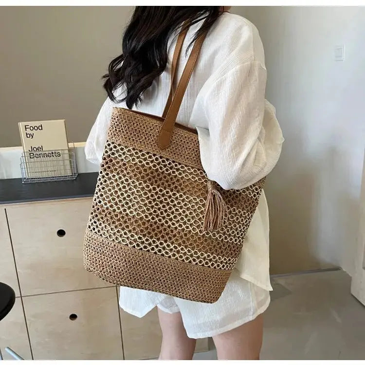 Summer Stripe Straw Shoulder Bags With Tassel Pendant Fashion Large Capacity - ThriveMinded & WellHaven Co