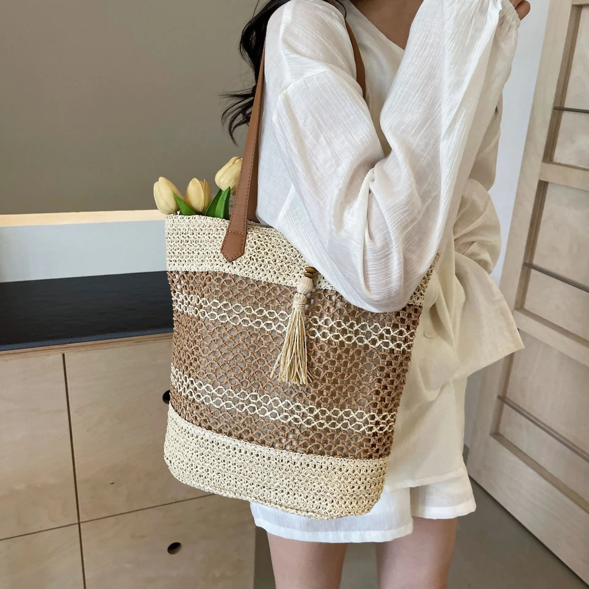 Summer Stripe Straw Shoulder Bags With Tassel Pendant Fashion Large Capacity - ThriveMinded & WellHaven Co